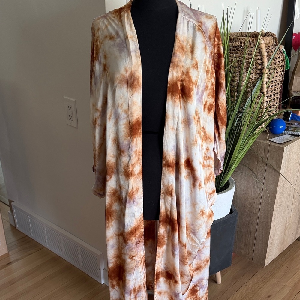 Tie-Dye Duster Kimono Beach Cover up - White & Rust - One Size